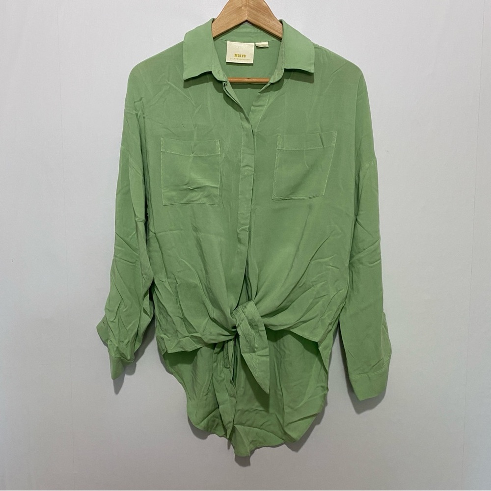 Maeve Anthropologie Green Tie Front Button Down Blouse  Small‎ Roll Tab Preppy